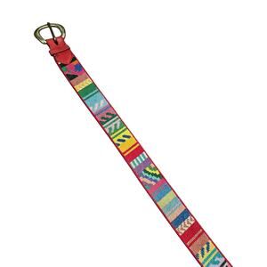Handmade Needlepoint Belt Colorful Patchwork Abstract Red Leather Unisex